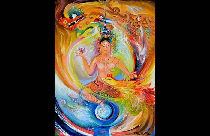 004-10 Goddess of Thailand: 45 x 33 x 2 in. Oil on Canvas with Manila and Cloth Rope Frame, $2500