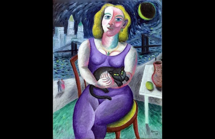 010-06  Purple Lady with Cat, circa 2000s, Oil and acrylic on canvas, 28 x 22 in.