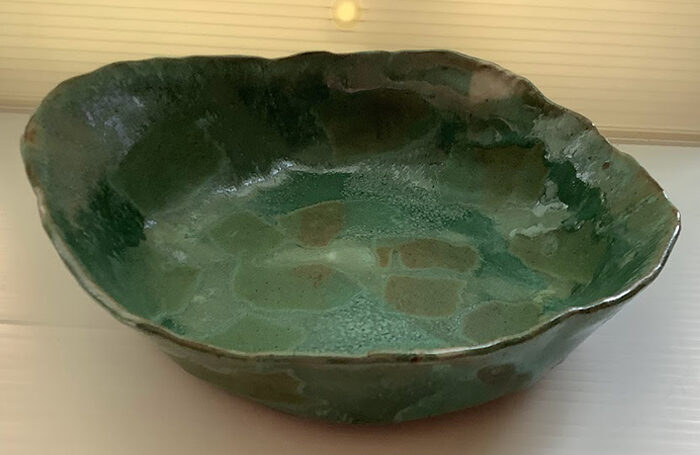 019-06  Plate Square Green  21.5x22.5x4.5h Red stoneware Clay 2022 $150