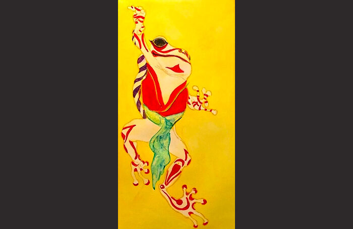 022-09  Kabuki-Frog, 10” x 5”, Etching, Watercolor on paper, $250